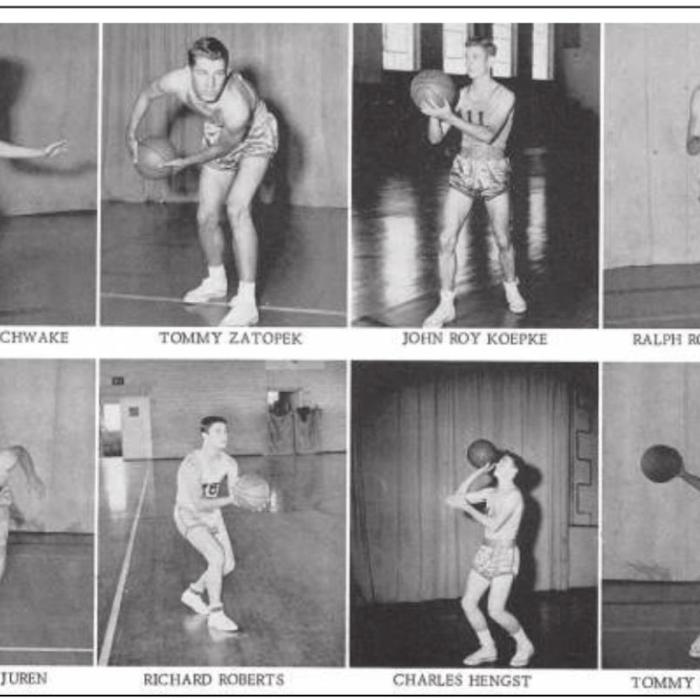 The Leopards 1954 basketball team was pictured in the Leopard Spots yearbook.