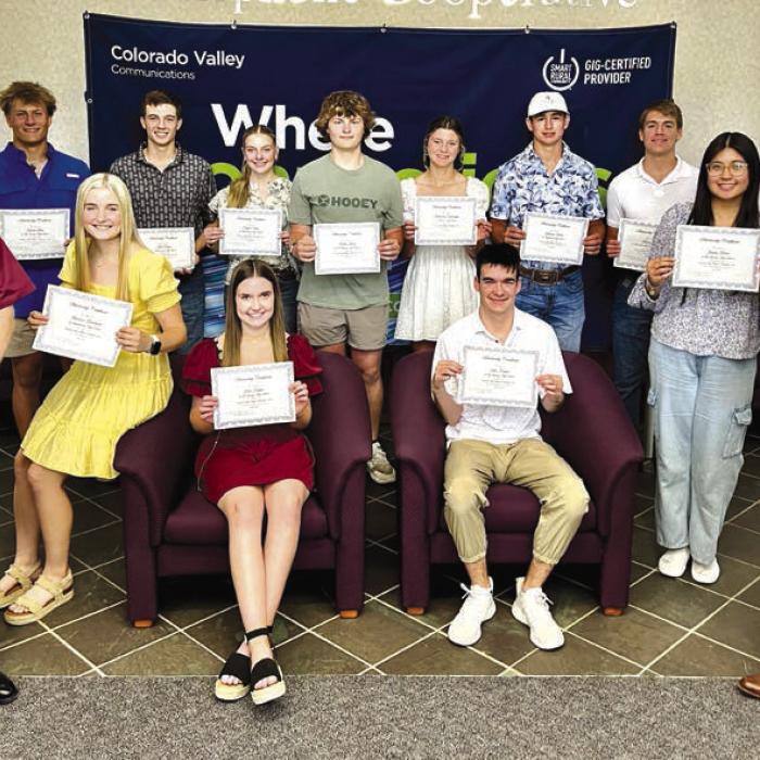Pictured front from left: Kelly Allison-CVCTX General Manager, Madison Kunschick-Schulenburg, Jodie Kaspar-La Grange, John Kaspar-La Grange, Jessica Torres-La Grange, Gene Kruppa-CVCTX Board President; back row: Hunter Sabo-La Grange, Adin Beyer-Schulenburg, Kaylee Beyer -Schulenburg, Walker Finch-La Grange, Katharina Chaloupka-Weimar, Lawson Fritsch-Fayetteville, Marcus Seger-Hallettsville Sacred Heart. Not pictured: Evan Blazek-Round Top-Carmine.