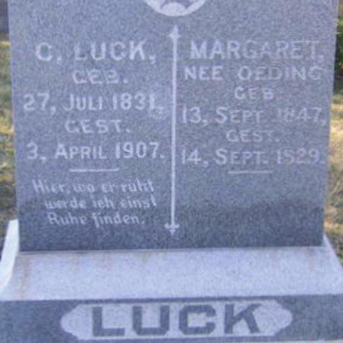Tombstone of Charles and Margaret Oeding Luck in Black Jack Springs Cemetery in Fayette County.
