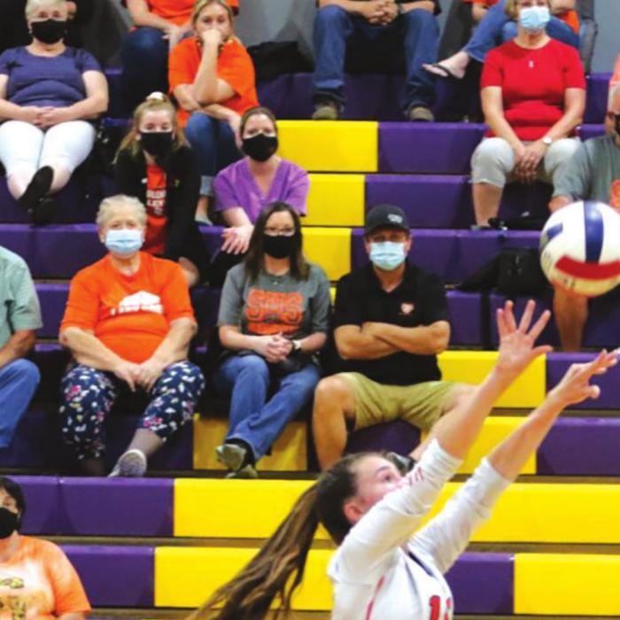 Masks, face shields, etc. were out in full force in the crowd Tuesday as Schulenburg fans watched their team play Weimar in volleyball. Photo by Audrey Kristynik