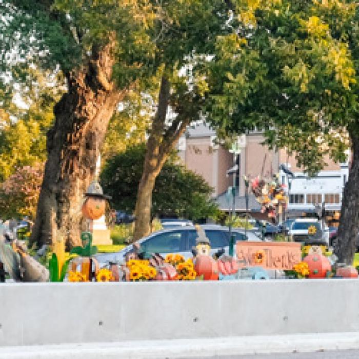 A group of local volunteers led by Michael Schlabach of Ellinger set up some fall decorations in the planter boxes in front of the courthouse along Travis St. in La Grange this week. Photo by Andy Behlen