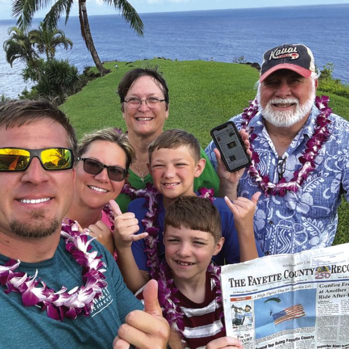 Gary and Gale Lincke recently travelled to Kauai, Hawaii, where they spent time resting and relaxing. They were joined by their family, who brought the most recent copy of the Fayette County Record for them. Gary and Gale stayed up to date with the Record online and the Record Breaking newsletter they receive three times a week as well.