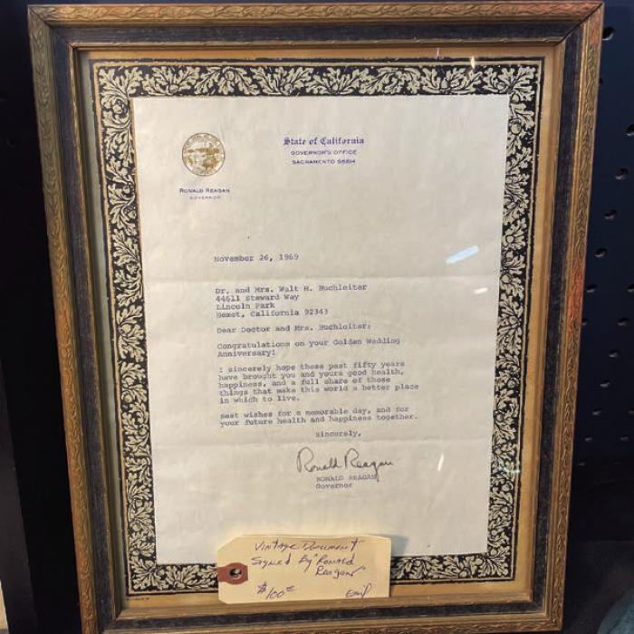 A letter from then-California Governor Ronald Reagan congratulating a couple, Dr. and Mrs. Walt Buchleiter of Hemet, Calif., on their 50th wedding anniversary.
