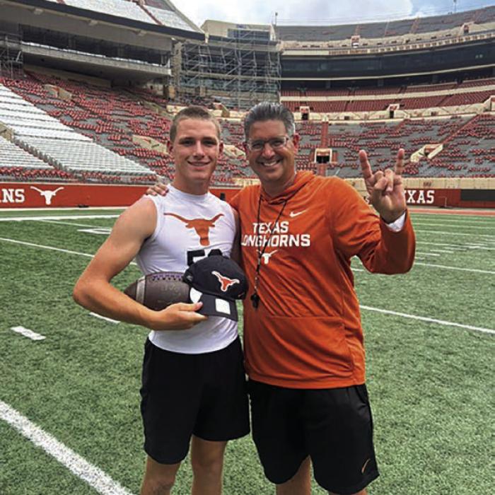 La Grange senior-to-be Colt Jobb attended the University of Texas Specialist Camp Thursday, June 4 and was the best punter at the camp. He is pictured with Jeff Banks, the UT Special Teams Coach.