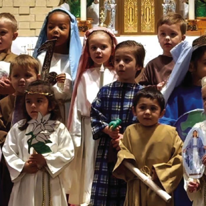 Sacred Heart Catholic School’s Pre-K 3 class portrayed saints at the All Saints Day Mass held November 1 as they honored all the saints in heaven.