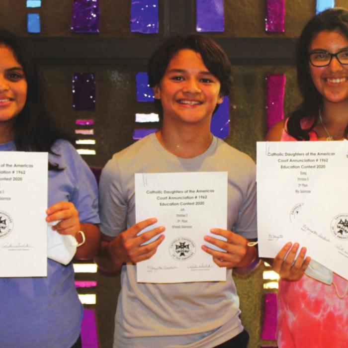 Left to right: Ale Solorzano, Orlando Solorzano, and Mia Solorzano. Division 2 (Grades 6-7-8) Art: 3rd Orlando Solorzano; Division 3 (Grades 9-10-11-12) Poetry: 2nd Mia Solorzano; Division 3 (Grades 9-10-11-12) Art: 1st Ale Solorzano; Division 3 (Grades 9-10-11-12) Essay: 2nd Mia Solorzano.