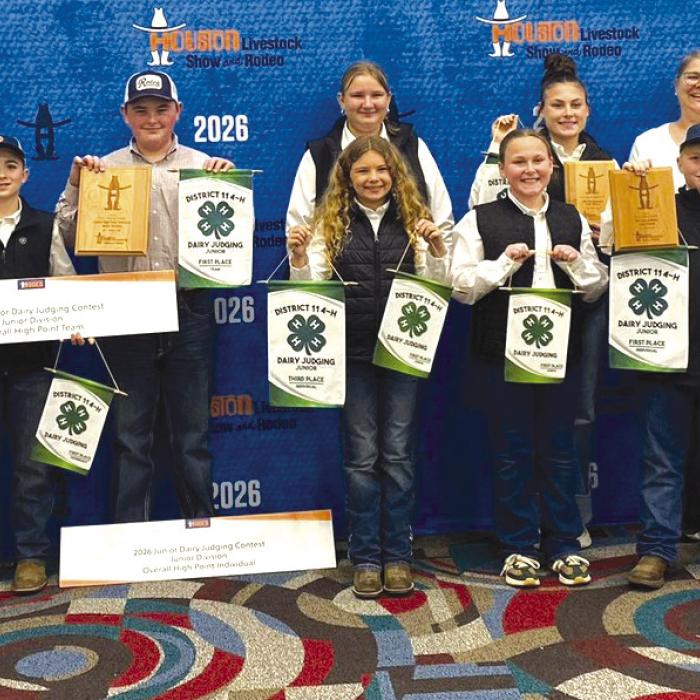 Pictured are Abigale McBride, Gage Smrkovksy, Abraham McBride, Catelyn Bosl, Zoey Krenek, Janie Jarvis, Jessa Jarvis, Wyatt Smrkovksy, Coach Jennifer Miksch, and Brooks Dittert.