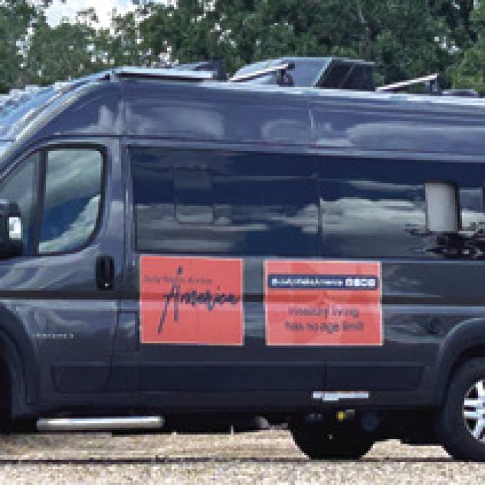 Judy Benjamin, left, and the support van following her on her journey, right. Photos by Bobby Bedient