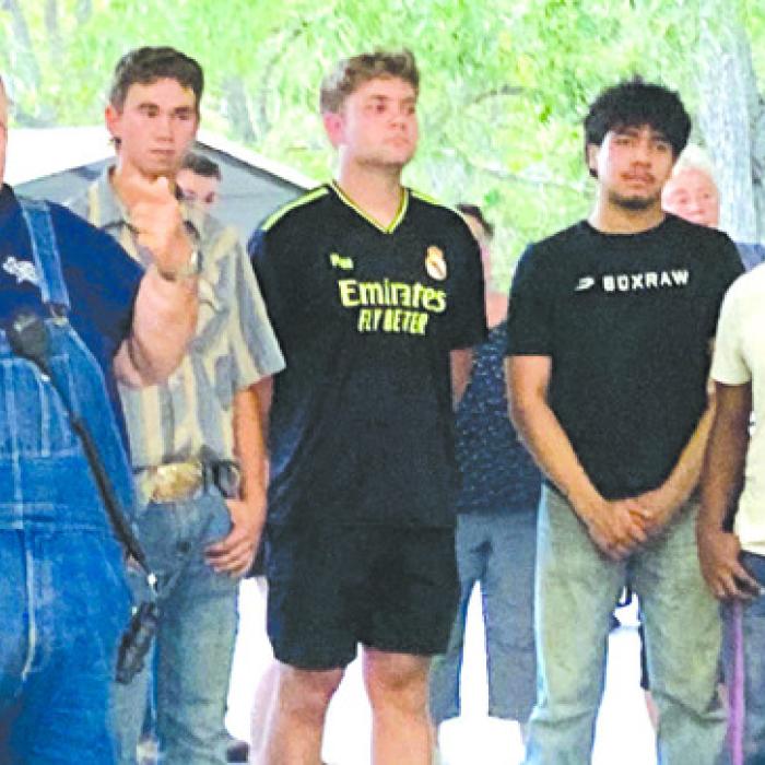 As part of Carmine Night Out, David Mohr, left, introduced the most recent members of the Junior Firefighter Program with the Carmine Volunteer Fire Department. They are left to right Lane Riley, Evan Blazek, Eric Noria, and Treveron Fischer.