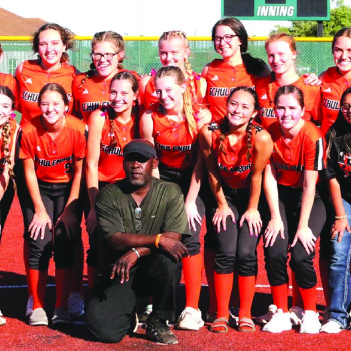 The members of the Schulenburg softball team pose after Saturday’s playoff clinching victory over Charlotte. Photos by Audrey Kristynik