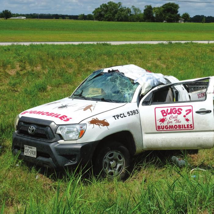 The driver of this Bugmobile pickup suffered serious injuries in a wreck on SH 71 west of La Grange Wednesday morning, June 29. Photo by Andy Behlen