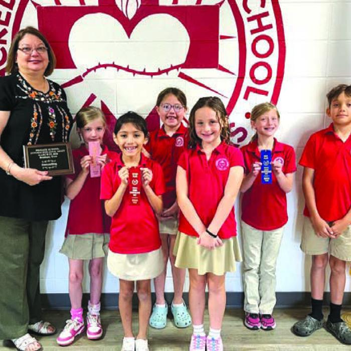 Storytelling: 2nd Grade, Reeanna Ramirez-2nd, Corbyn Blackwell- participant; 3rd Grade, Quinn Hatfield-1st, Caroline Streiff-4th, Justin Janda-participant, Macy Hodges-alternate; Coach: Ms. Sabina Rotter. Storytelling plaque won by Sacred Heart.