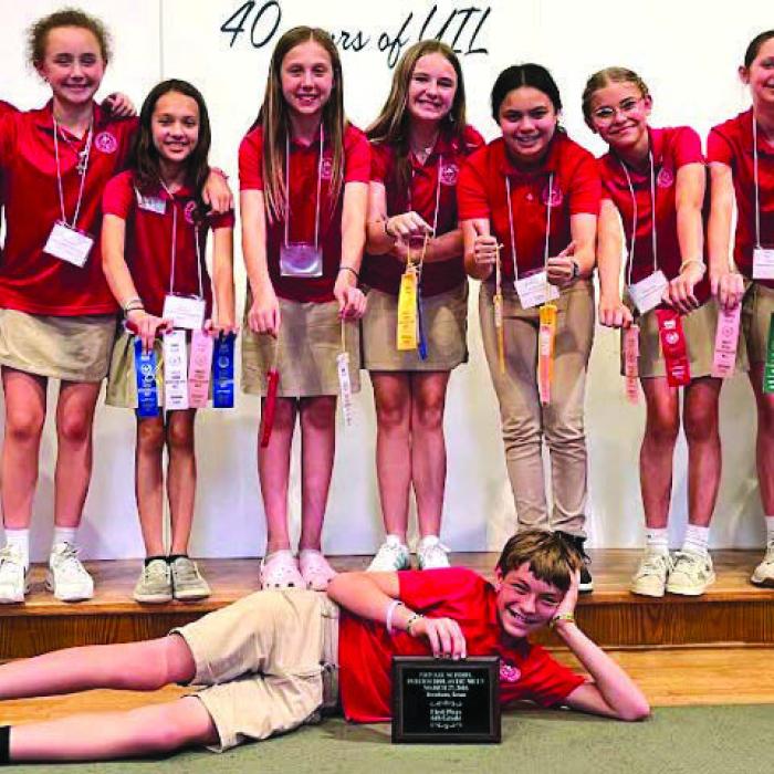 6th Grade Class: Chezni Berdoll, Emmy Neal, Sophie Janda, Hallie Gross, Helen Streiff, Ellery Bradford, Marley Vasek, Adalyn Emmel, Krislee Kallus, and Ricky Greenwood. Won in honor of Ms. Chris Kosler, by 6th Grade.