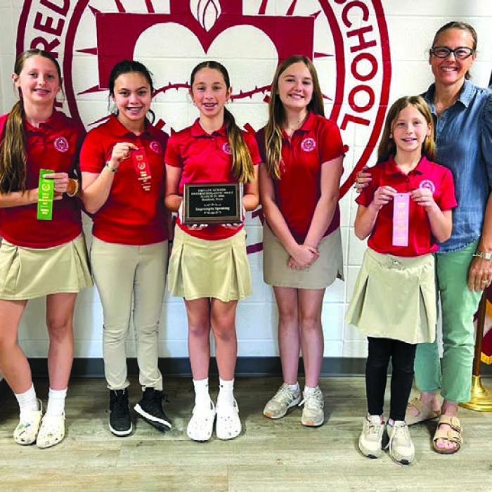 Impromptu Speaking, Sacred Heart tied for the Plaque: 5th Grade, Presley Byler-3rd (not pictured), Parker Hatfield-4th; 6th Grade, Ellery Bradford-2nd, Adalyn Emmel-6th, Krislee Kallusparticipant, Helen Streiff-alternate; Coach: Ms. Chris Kosler. Impromptu Speaking plaque won by Sacred Heart. Ready Writing: 3rd Grade, Mattison Bronson-2nd, Caroline