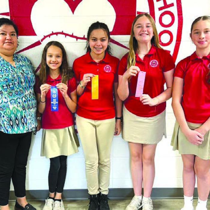 Spelling: 6th Grade, Sophie Janda-1st, Helen Streiff-4th, Ellery Bradford-5th, Krislee Kallus-alternate; Coach: Ms. Ana Rubio.