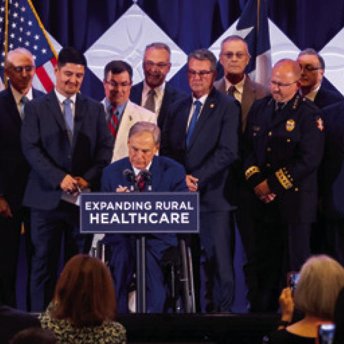 Fayette County EMS Director Josh Vandever was on hand when Governor Greg Abbott signed two important healthcare bills into law last Tuesday, Sept. 9. Vandever is pictured third from the left. To his left is Michael Furrh, the EMS Director for Lavaca and Colorado counties.