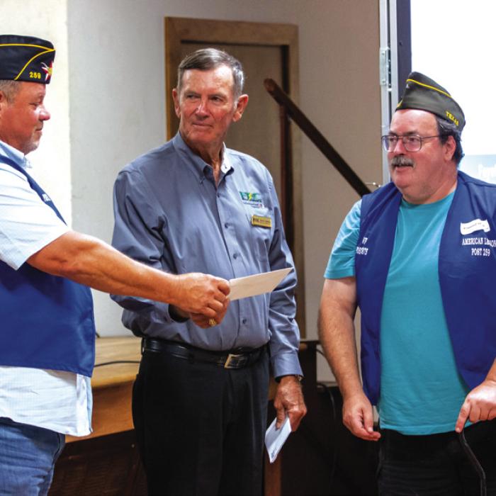 The Veterans Memorial Park of Weimar received a $5,000 grant from FEC and CoBank. Doug Beddingfield (left), FEC Board President David Lehmann and Raymond Adams (right) are pictured above.