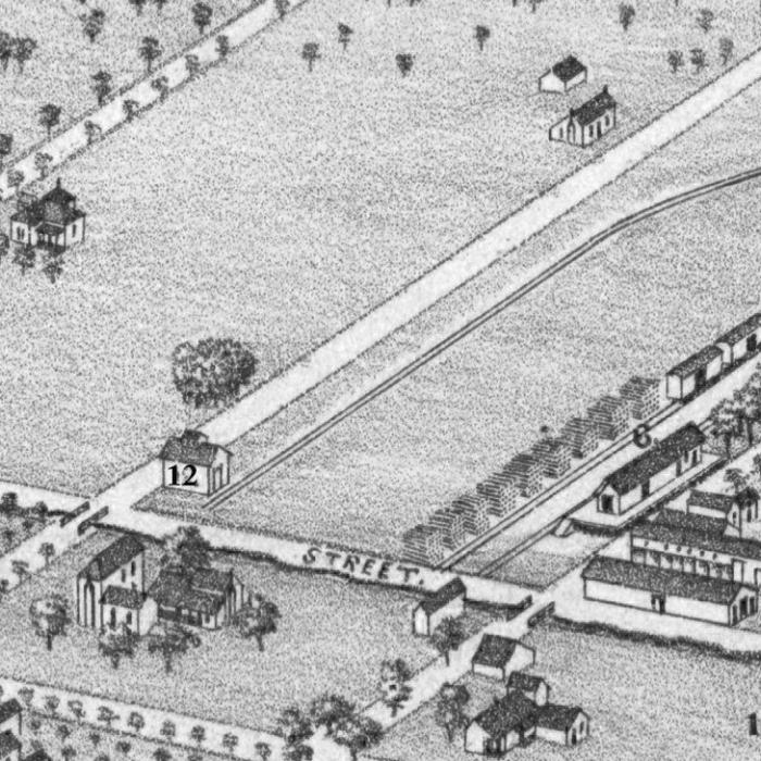 This detail from Koch’s 1880 Bird’s-Eye View of La Grange shows (6) the GH&amp;SA depot, (12) Schumacher’s ice house at the corner of Colorado and Jackson Streets, (10) Hunger’s Mill and Cotton Gin at the corner of Jackson and Crockett, and Bradshaw and White’s large warehouse is located just below the depot.