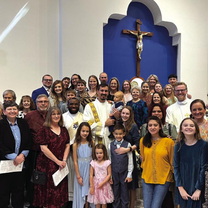 Some of the estimated 100 members of Sacred Heart Catholic Church and School who traveled to Austin to witness Deacon Kyle’s ordination.