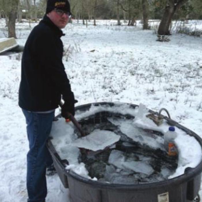 Kurt Hopfe shared this photo, below, of “My farm neighbor broke ice every day for me after working long shifts at the power plant so my cows could have water. I will be forever grateful.”