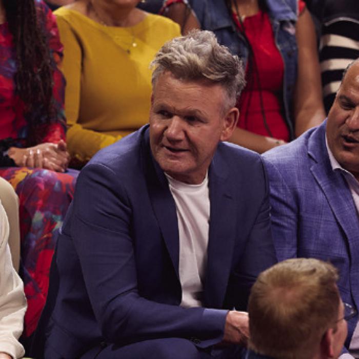 Chavez is pictured here on the set sitting to the right of celebrity chef Gordon Ramsay (center), one of the judges on the show. Photo by Geoff George/FOX. ©2026 FOX Media LLC
