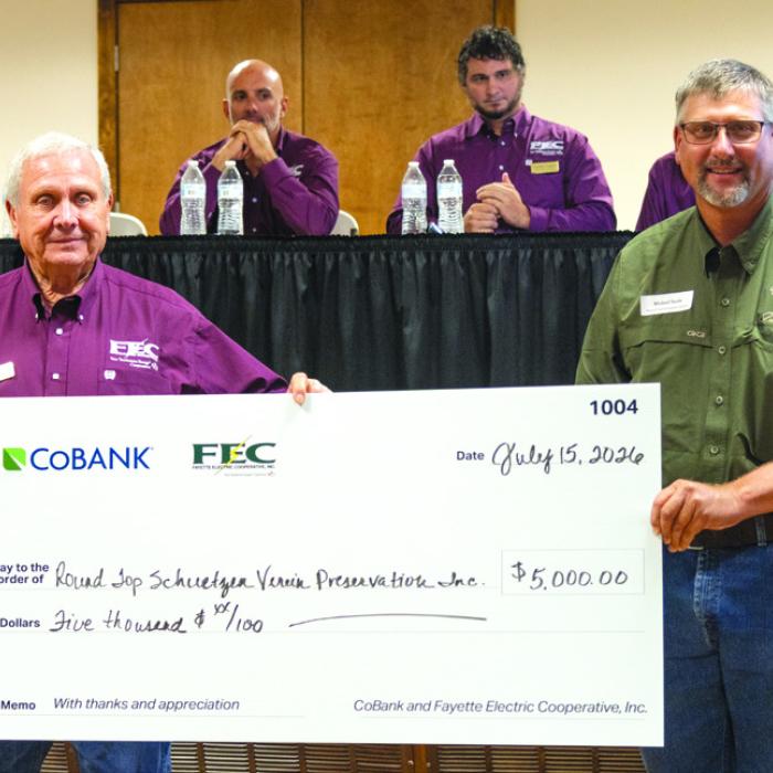 Round Top Schuetzen Verein Preservation, Inc. received $5,000 for renovation projects at its historic hall. Pictured above are FEC Board President Joseph Kruppa and Michael Sacks, Vice President, Community Affairs for Round Top Schuetzen Verein Preservation, Inc.