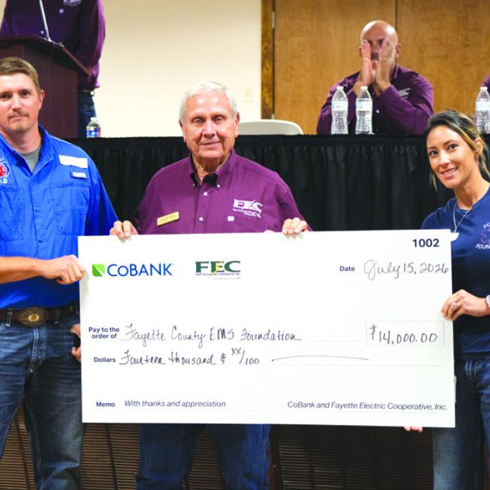 Fayette County EMS Foundation received $14,000 for the installation of drinking water stations at EMS agency locations. Pictured above, left to right, are: Shelby VFD Assistant Chief Blake Moehlmann; FEC Board president Joseph Kruppa; and President of the Fayette County EMS Foundation Taylor Laslie.