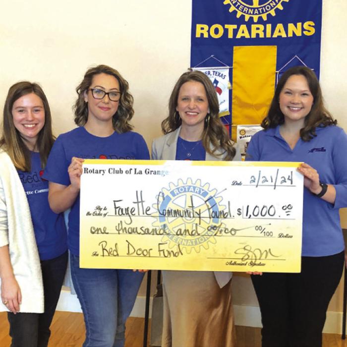 The Red Door Fund received a $1,000 grant in February from the La Grange Rotary Club. From left are Don Jones; Fayette Community Foundation leaders Ashleigh Parks, Susanna Mikulin and Cheryl Pekar; Rotary president-elect Hannah Janda and Rotary past president Mike Coppinger.
