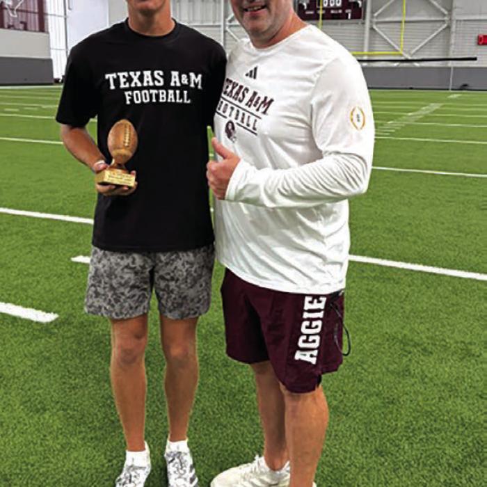 La Grange High School senior-to-be Colt Jobb attended the Texas A&amp;M Football Specialist Camp on Sunday, May 31. He was the Punt Champion for the camp. His longest punt was 59 yards. He is pictured above with Coach Patrick Dougherty, the Special Teams Coordinator for Texas A&amp;M Football.