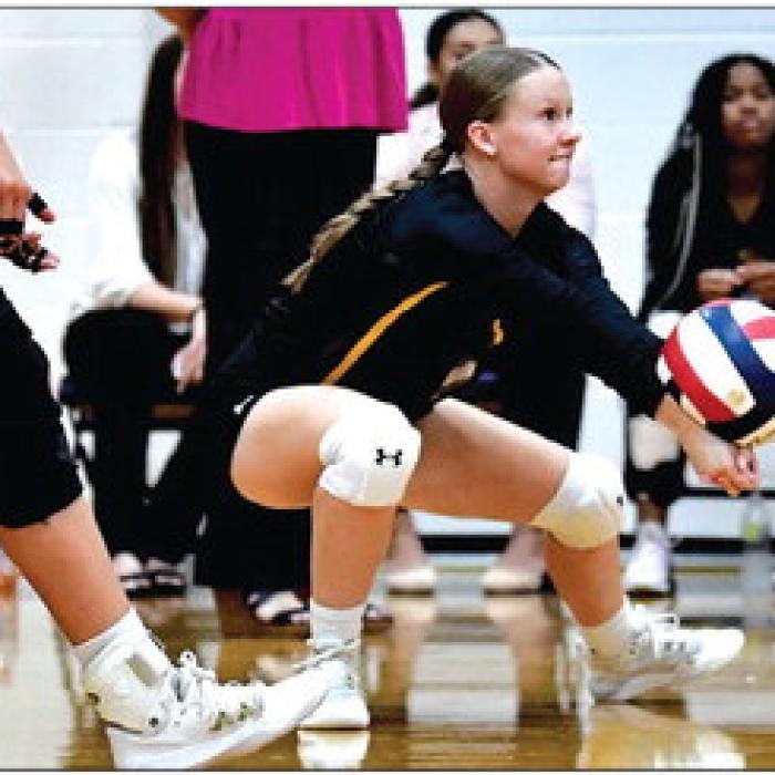 La Grange’s Haylie Cooper digs a ball against Taylor Friday. Photo by Stephanie Steinhauser