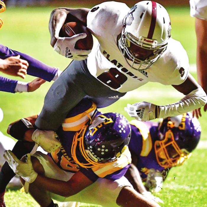 Jaidyn Guyton puts the first touchdown of the night on the board for The Bulldogs in a big win over Weimar on Friday. Photo by Stephanie Steinhauser