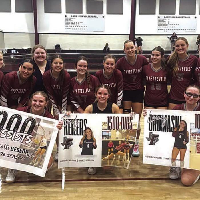 Several Fayetteville volleyball players were honored Tuesday for career milestones: Scotti Beseda’s 2,000 assists, Emily Keilers’ 1,500 digs and Lainey Gromaski’s 1,000 kills. FISD photo
