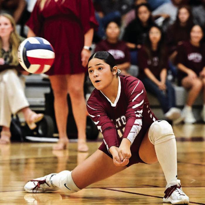 Eliana Herrera works the back row for The Flatonia Lady Bulldogs in Tuesday’s district matchup with the Shiner Lady Comanches. Photo by Stephanie Steinhauser