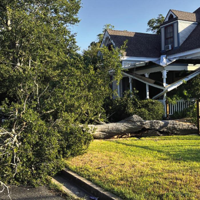 As it snapped during Friday’s storm, this tree hit the porch of this historic home at the corner of Fannin and Madison Streets in La Grange. Photo by Jeff Wick