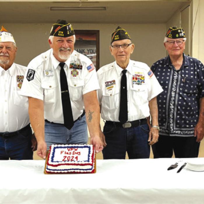 Fayette Memorial VFW Post 5254 of La Grange and Auxiliary members heard a brief history about Flag Day presented by Commander Richard Gray on meeting night, Tuesday, June 18. Pictured are VFW post members (from left) John D. Marburger, Lawrence Heinrich, Glenn Altwein, Commander Richard Gray, Dick Frenzel, Weldon Koenig, James Bramblett and Joe Kruppa.