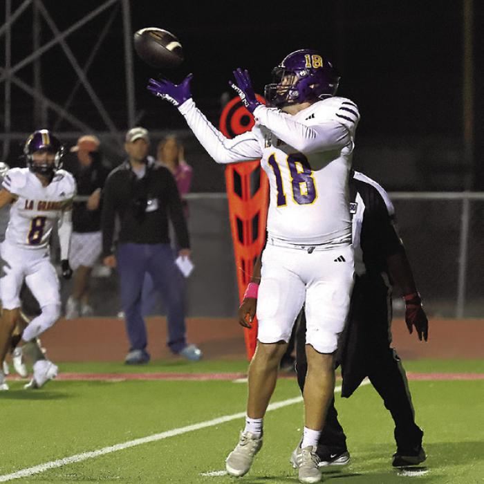 La Grange tight end Conner Brooks with a touchdown catch in the fourth quarter Friday. Photo by Darrell D. Gest