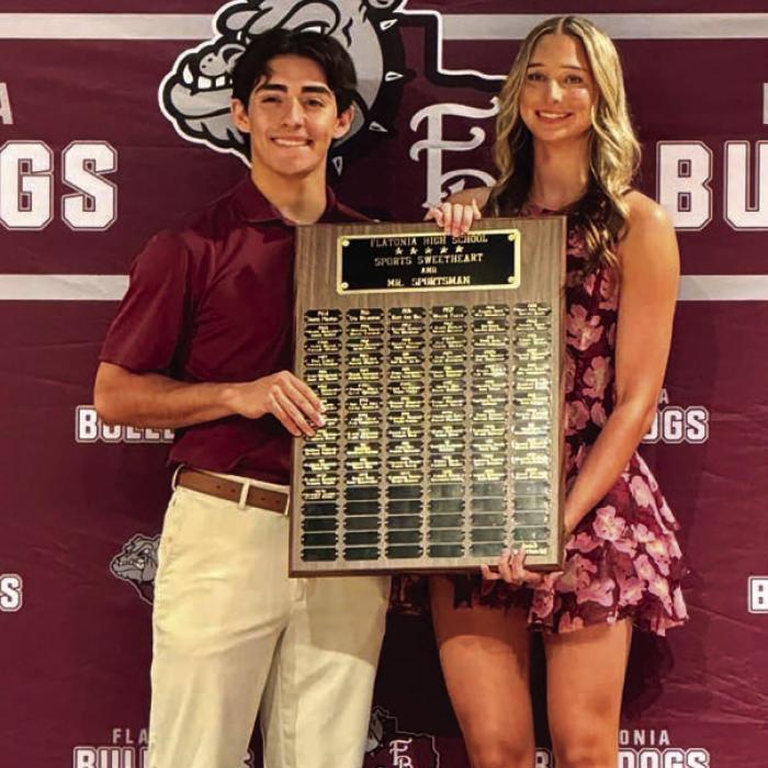 At the Flatonia Sports Banquet last week, the Bulldog Heart Award and Mr. Sportsman was won by senior Caysen Perez, left, and the Lady Dog Heart Award and Sports Sweetheart award was won by senior Summer Sodek, right.
