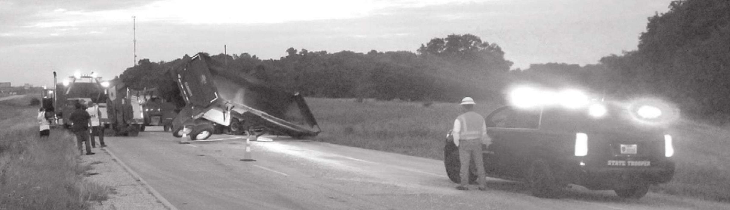 The Ellinger VFD was dispatched to a vehicle roll over in the east bound lane of State Hwy71 between FM 955 and Krenek Road. The fireman found an eighteen wheeler on its side. It had been loaded with sand and overturned as it swerved to miss a white tail deer.