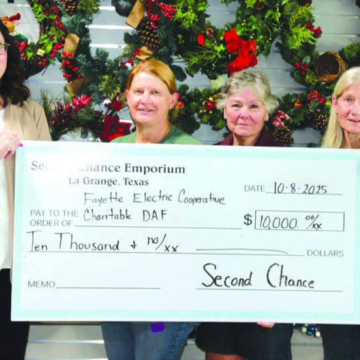 Tracy Denton, Director of Marketing, Communications, and Training at Fayette Electric Cooperative, gratefully receives a grant from Second Chance Emporium representatives — Marlene Schnell, assistant store director; Darlene Strahan, assistant store director; and Gayle Schielack, store director. The funds will help continue providing free books to children in Fayette County through Dolly Parton’s Imagination Library.