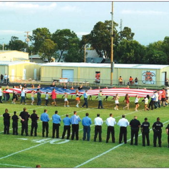 to Friday’s game in Schulenburg a 9-11 Memorial for First Responders was held and local First Responders were honored on the field.