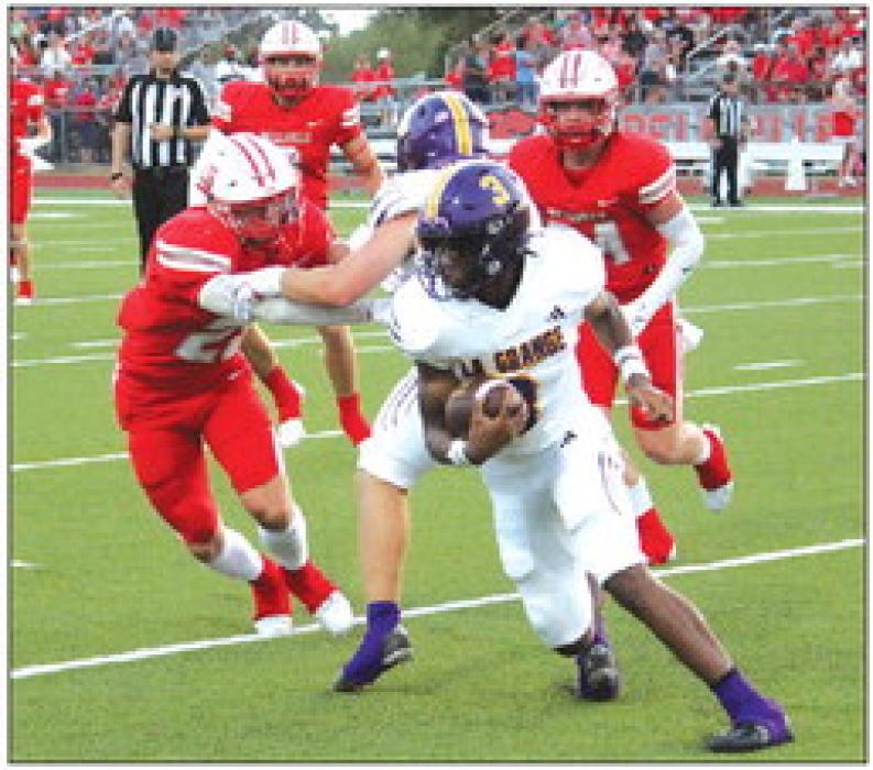 La Grange’s Le’Kayvion Broussard runs for yardage after a catch in Friday’s game against Bellville. Photo by Jeff Wick