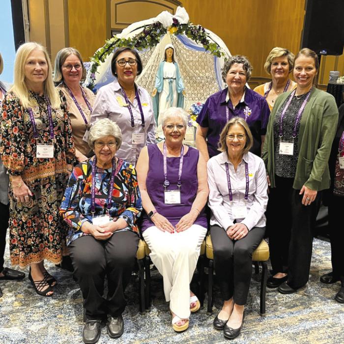 Court Annunciation No. 1962 members at the Marian Shrine during the State Convention, from left, seated, Stacy Ryza, Sherry Hebert, Shirley Antosh, and standing, Peggy Sulik, Rebecca Munsch, Kathy Weishuhn, Mary Lou Anderle, Elaine Bodine, Judy Evanicky, Aimee Krause, and Elizabeth Kallus.