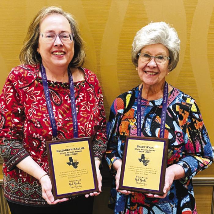 Elizabeth Kallus and Stacy Ryza were honored to receive a “State Regent Award 2023-2025” from State Regent Carolyn Ritchey that read, “In recognition of your dedication in, commitment to, service for, and love of Catholic Daughters of the Americas Texas State Court.”