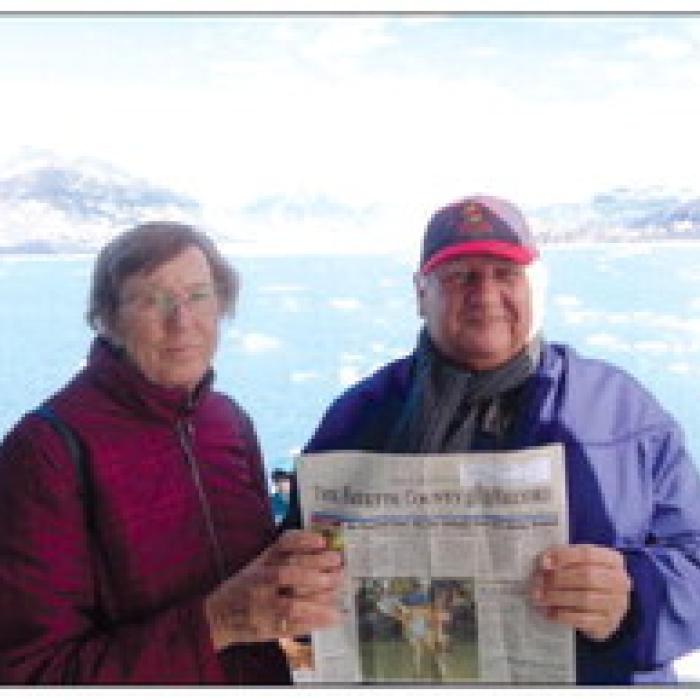 Henk and Joke Bergen of Carmine made a round trip in Alaska, starting in Anchorage and visiting Valdez, Fairbanks where they panned for gold, a train ride with the Alaska Railroad to Denali National Park, and back to Anchorage where they finished with a boat tour from Seward to Kenai Fjords National Park. The picture with their hometown paper was taken in front of Colombia Glacier. The weather was picture perfect all the time.