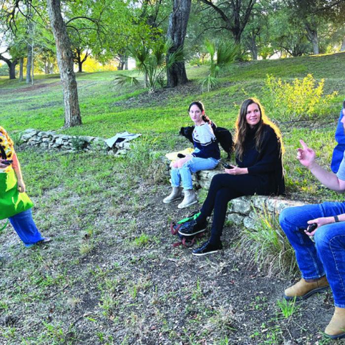 Gavin Miculka, right, Assistant Site Manager at Kreische Brewery and Monument Hill State Historic Sites, talks to volunteers during a rehearsal for Saturday’s Spooky Story event.