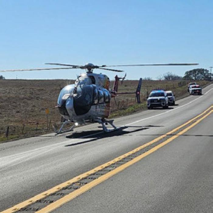 Washington County EMS Air One medical helicopter evacuated a patient in critical condition after a wreck on SH 159 near Rutersville Saturday. Photo courtesy of Fayette County Sheriff’s Office