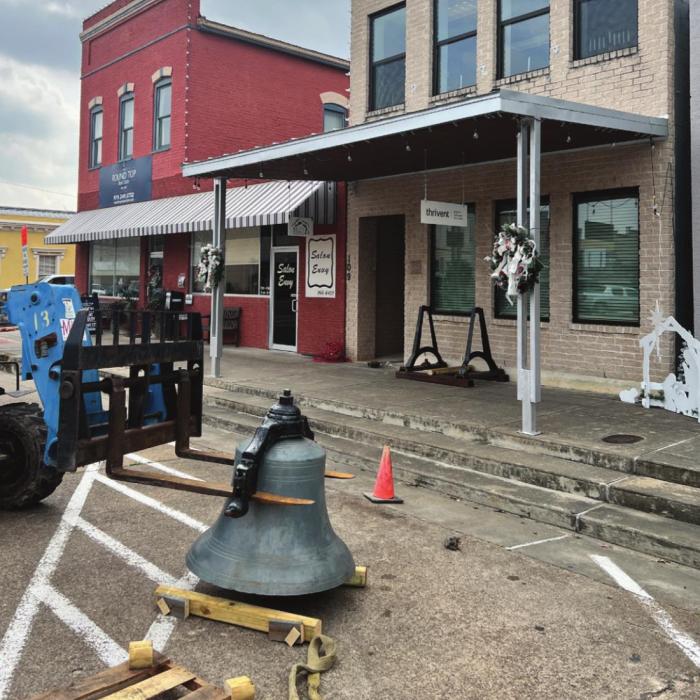 It took a forklift to move the bell into place. Photo courtesy of Erich Lehmann