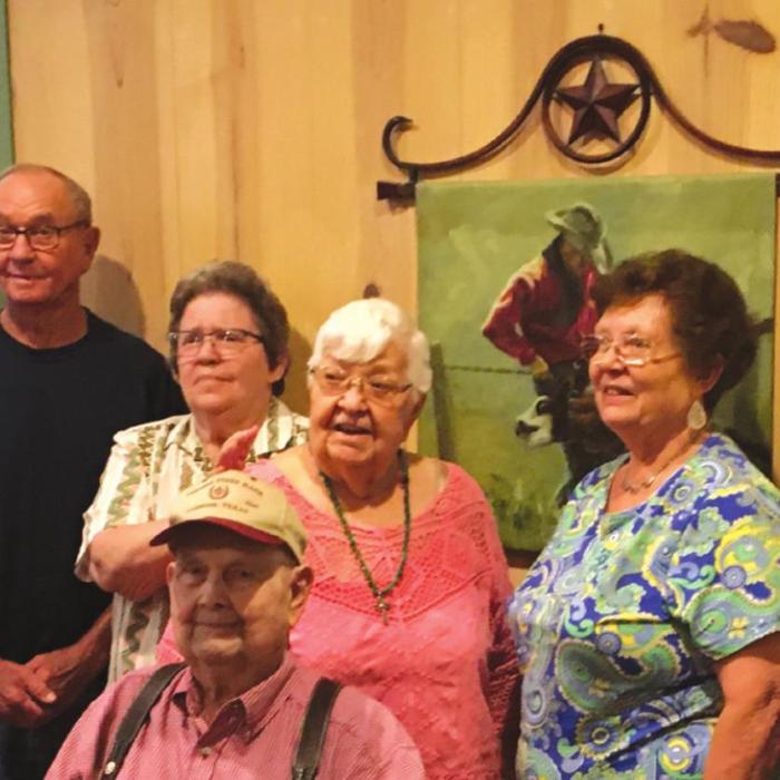 The Round Top-Carmine Class of 1957 gathered recently for a reunion lunch. Pictured are (front) Otto L. Fuchs, Jr., (back, from left) Elroy Isleib, Reuben Wunderlich, Jean Arlys Noak Schulle, Gloria Hinze Hanath, Dorothy Braun Rosenbaum and Harley Hackemack.