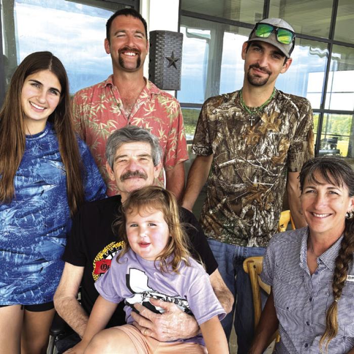 On Frankie’s knee is great-granddaughter Tinlee. Standing (left to right) are: granddaughter Teagan Kallus, grandson Ryder Kallus, grandson Garrett Kallus and daughter Tina Kallus.