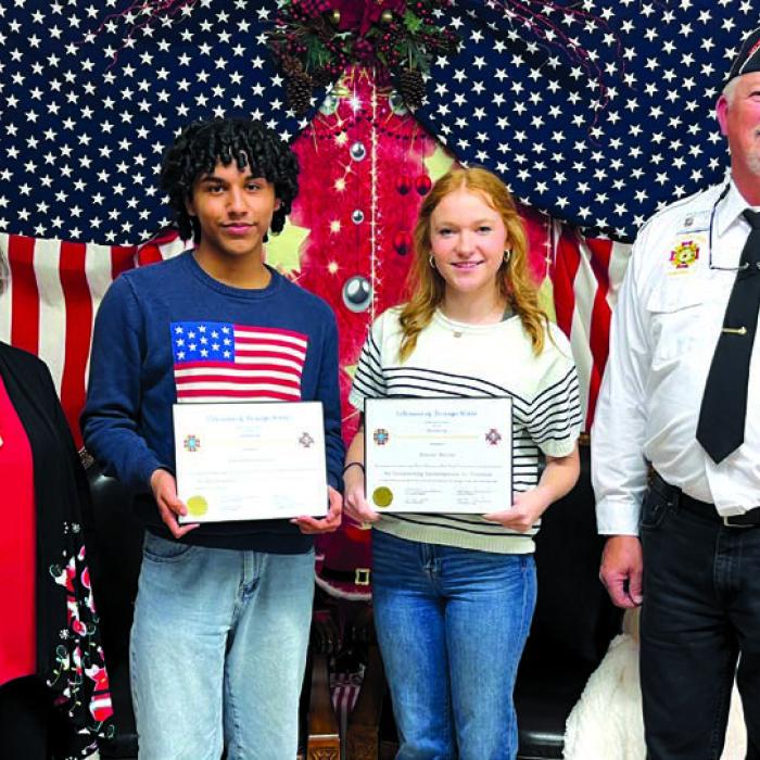 VFW Post 5254 and Auxiliary of La Grange - 2025 Voice of Democracy winners with presenters from left, VFW Auxiliary President Marilyn Kothmann, third place Lawrence Castillo, first place Brooke McCoy, Contest Chairman and VFW Commander Richard Gray, and not present was second place winner Avery Lamson.